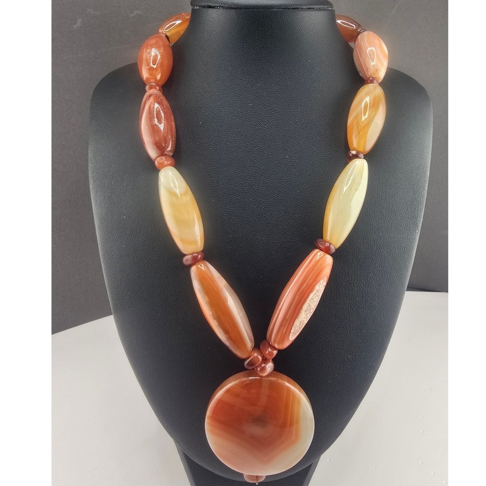 Vintage Estate Necklace Orange Brown Agate Stone Beaded Fall Statement 16in
